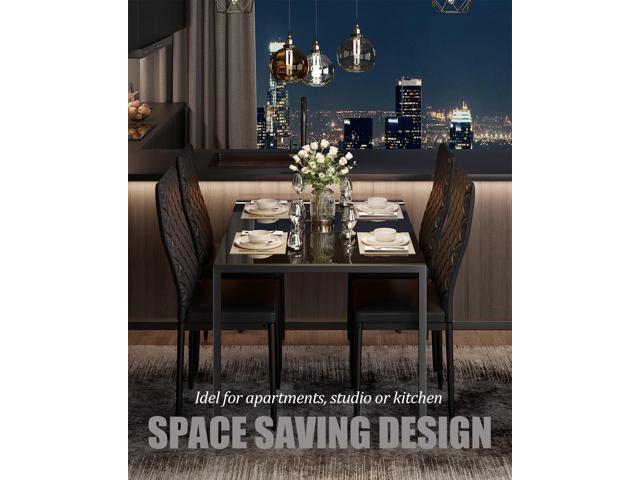 Modern Black Glass Table with Tempered Glass Top, Rectangular Dining Table Set for 4, Space Saving for Apartments & Small Places, 47.25', Black