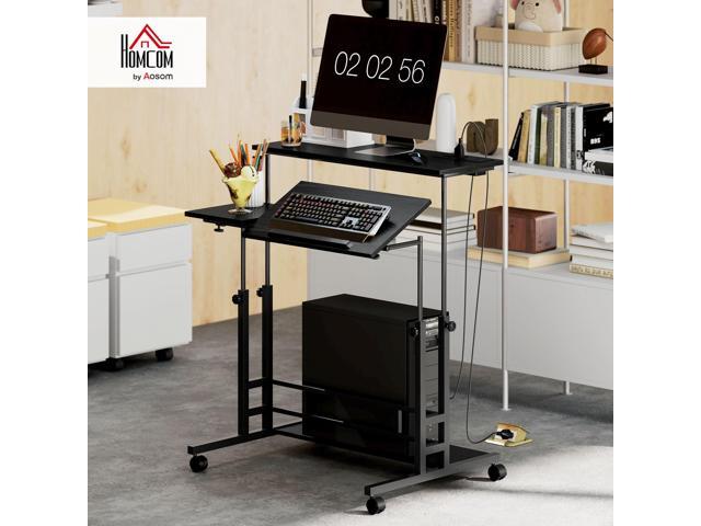 HOMCOM Height Adjustable Standing Desk with Power Outlets, Stand Up Desk with Tiltable Tabletop, Lockable Wheels, Bottom Shelf, Rolling Workstation...