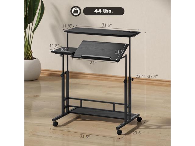 HOMCOM Height Adjustable Standing Desk with Power Outlets, Stand Up Desk with Tiltable Tabletop, Lockable Wheels, Bottom Shelf, Rolling Workstation...