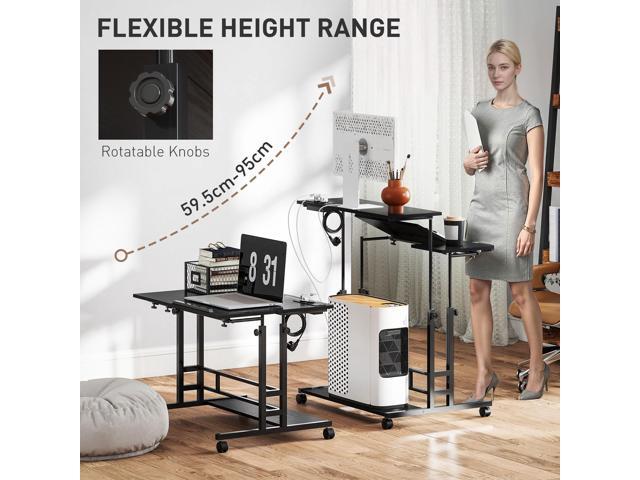 HOMCOM Height Adjustable Standing Desk with Power Outlets, Stand Up Desk with Tiltable Tabletop, Lockable Wheels, Bottom Shelf, Rolling Workstation...
