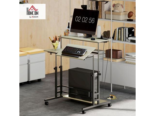 HOMCOM Height Adjustable Standing Desk with Power Outlets, Stand Up Desk with Tiltable Tabletop, Lockable Wheels, Bottom Shelf, Rolling Workstation...