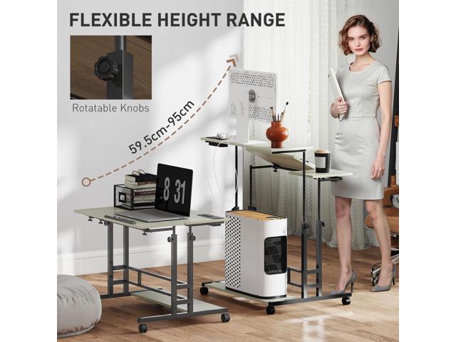 HOMCOM Height Adjustable Standing Desk with Power Outlets, Stand Up Desk with Tiltable Tabletop, Lockable Wheels, Bottom Shelf, Rolling Workstation...