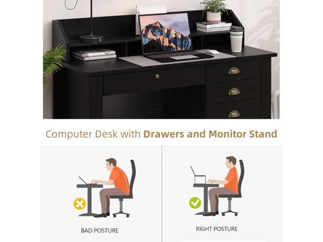 4 EVER WINNER Black Desk with Drawers, Small Desk with File Drawer and Monitor Stand, Computer Desk with Storage, Writing Desk for Bedroom Home...