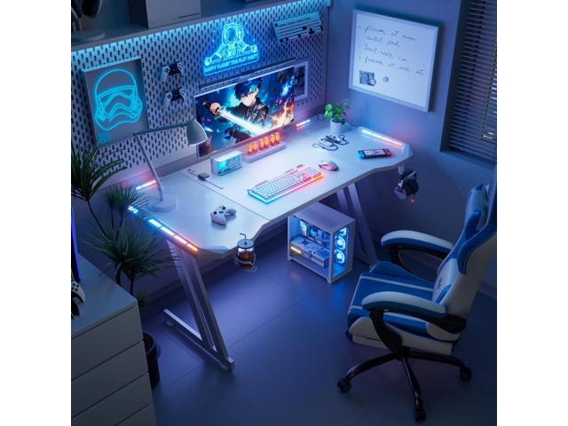 HLDIRECT 55 Inch Gaming Desk with LED Lights Carbon Fibre Surface Gaming Table Large Computer Desk Ergonomic Home Office Desks Z Shaped PC Gamer...