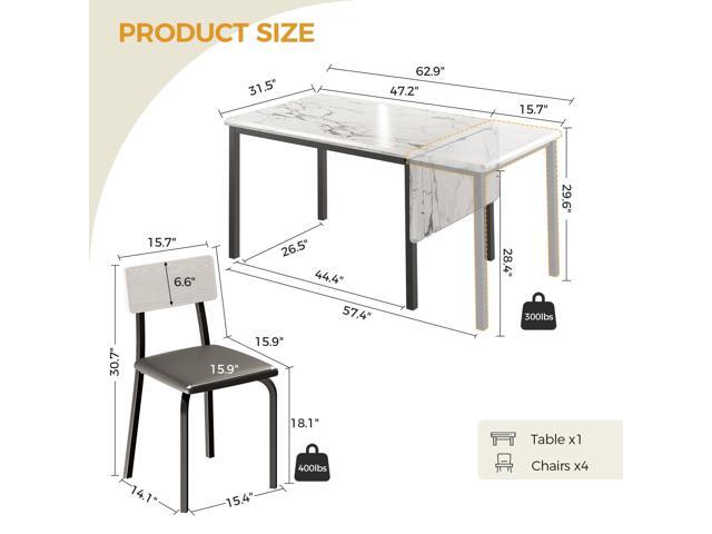 IRONCK 5-Piece 63' Extendable Dining Table with 4 Upholstered Chairs, Kitchen Table Set for 4-8 People, Dining Room Sets with MDF Wood Board, Drop...