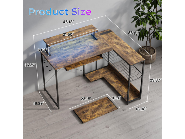 L Shaped Gaming Desk with Power Outlets & RGB Lights, 46'' L- Shaped Desk Computer Corner Desk with Monitor Stand & Storage Shelf & Hook, Home...