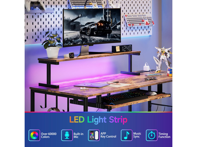 L Shaped Gaming Desk with Power Outlets & RGB Lights, 46'' L- Shaped Desk Computer Corner Desk with Monitor Stand & Storage Shelf & Hook, Home...