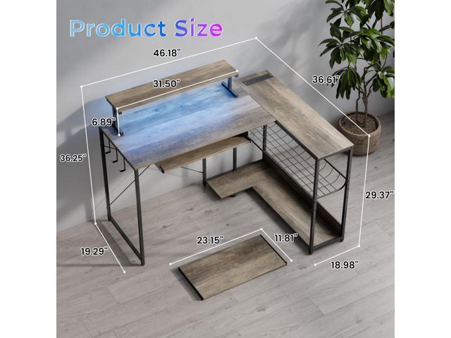 L Shaped Gaming Desk with Power Outlets & RGB Lights, 46'' L- Shaped Desk Computer Corner Desk with Monitor Stand & Storage Shelf & Hook, Home...
