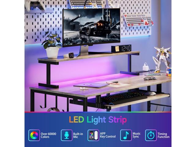 L Shaped Gaming Desk with Power Outlets & RGB Lights, 46'' L- Shaped Desk Computer Corner Desk with Monitor Stand & Storage Shelf & Hook, Home...