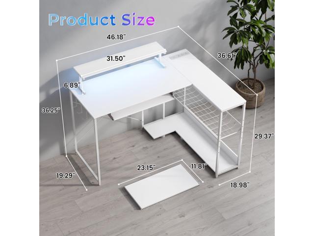 L Shaped Gaming Desk with Power Outlets & RGB Lights, 46'' L- Shaped Desk Computer Corner Desk with Monitor Stand & Storage Shelf & Hook, Home...