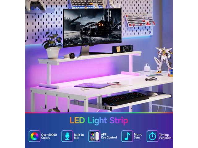 L Shaped Gaming Desk with Power Outlets & RGB Lights, 46'' L- Shaped Desk Computer Corner Desk with Monitor Stand & Storage Shelf & Hook, Home...