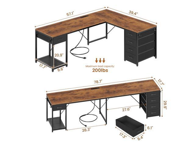57' L Shaped Desk with 5 Drawers, Reversible Computer Corner Desk with Storage & Power Strip for Home Office, 78.7' Long 2 Person Desk, Rustic Brown