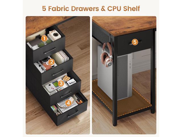 57' L Shaped Desk with 5 Drawers, Reversible Computer Corner Desk with Storage & Power Strip for Home Office, 78.7' Long 2 Person Desk, Rustic Brown