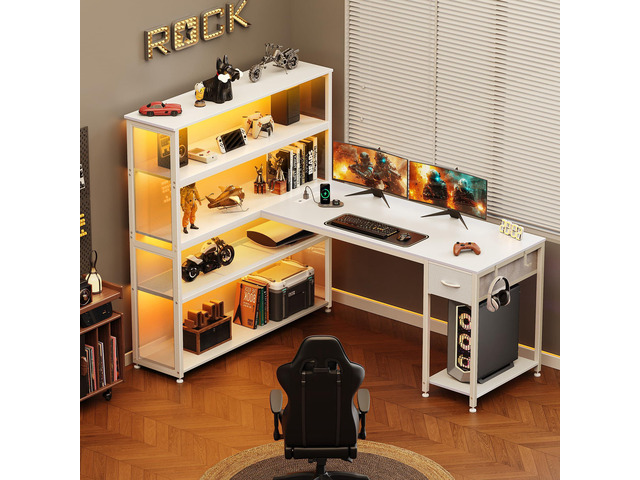 PRAISUN 57 Inch L Shaped Gaming Computer Desk with Larger Open Cabinet, Reverisble Office Desk with Power Outlets, LED Lights, Work Desk, Fabric...