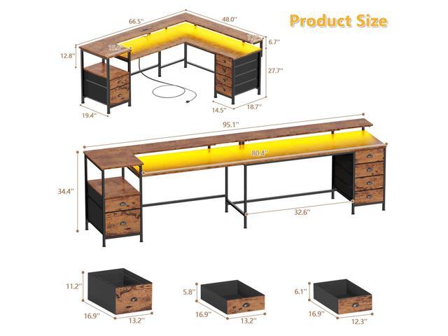 Furologee 95' Two Person Computer Gaming Desk, Long 2 Person Home Office Desk with 6 Drawers & Storage Shelves, Double Table with Power Outlets,...