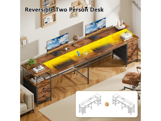 Furologee 95' Two Person Computer Gaming Desk, Long 2 Person Home Office Desk with 6 Drawers & Storage Shelves, Double Table with Power Outlets,...