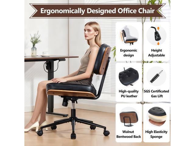 Armless Computer Chair, Small Desk Chair with Wheels and Adjustable Height, PU Leather Modern Swivel Walnut Task Chair for Home Office, Study,...
