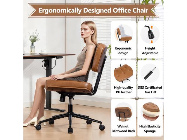 Armless Computer Chair, Small Desk Chair with Wheels and Adjustable Height, PU Leather Modern Swivel Walnut Task Chair for Home Office, Study,...