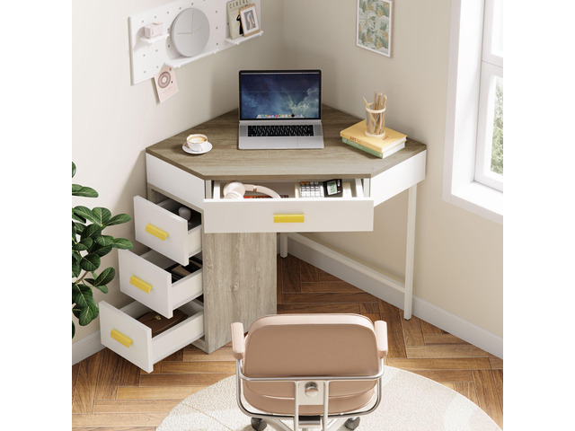 Tribesigns Corner Desk, Triangle Computer Desk with 3 Drawers, 90-Degree Writing Desk PC Table Makeup Vanity Desk with Storage for Home Office,...
