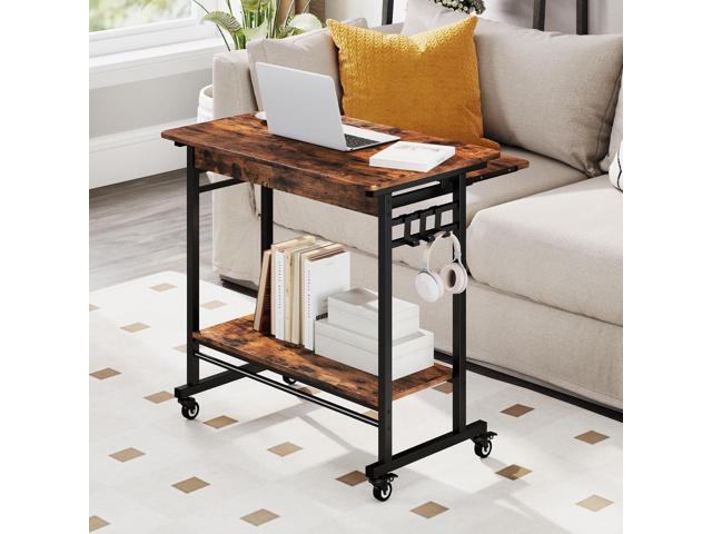 Giantex Rolling Computer Desk, Mobile Portable Desk with Keyboard Tray & Wheels, Laptop PC Table Cart with Shelf & Hooks, Industrial Small Desk for...