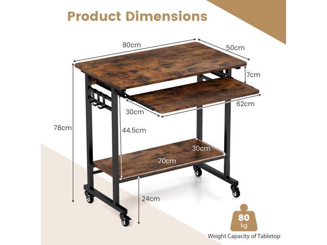Giantex Rolling Computer Desk, Mobile Portable Desk with Keyboard Tray & Wheels, Laptop PC Table Cart with Shelf & Hooks, Industrial Small Desk for...