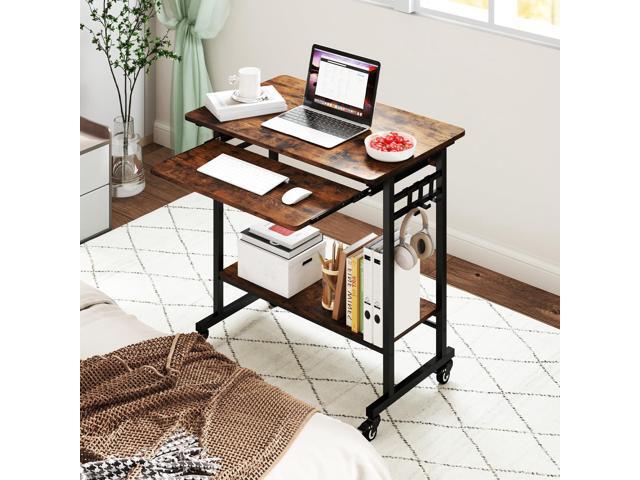 Giantex Rolling Computer Desk, Mobile Portable Desk with Keyboard Tray & Wheels, Laptop PC Table Cart with Shelf & Hooks, Industrial Small Desk for...