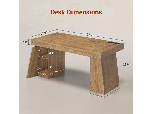 55.9 in Executive Desk with Power Outlets, Modern Home Office Desk with Storage Cabinet, Wood Computer Desk Business Workstation Desk Conference...
