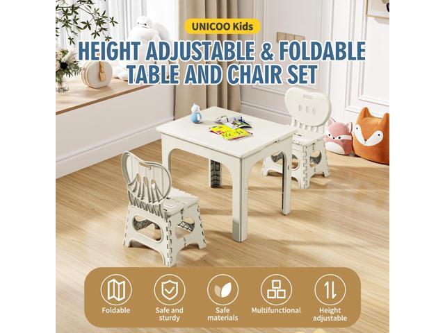 UNICOO Kids Foldable & Height Adjustable Table Set w/2 Folding Chairs, Compact, Collapsible & Portable, Toddler Activity, Picnic Table, Card...