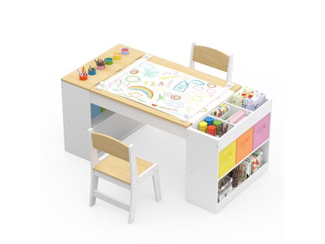 Kids Art Table and 2 Chairs Set, Wooden Craft Desk with 2 Storage Shelves, 6 Storage Bins & Paper Roll for Drawing, Learning and Reading, Toddler...