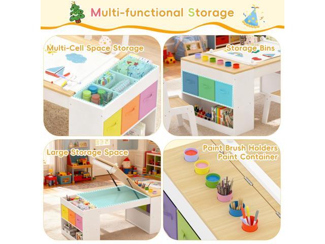 Kids Art Table and 2 Chairs Set, Wooden Craft Desk with 2 Storage Shelves, 6 Storage Bins & Paper Roll for Drawing, Learning and Reading, Toddler...