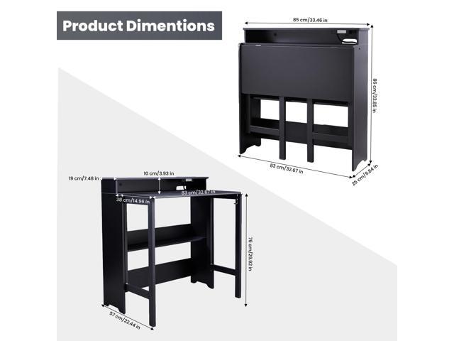 Fold Out Desk with Power Outlets, Small Foldable Table with Storage Shelf,Space-Saving Hidden Desk for Bedroom, Living Room & Office (Black)