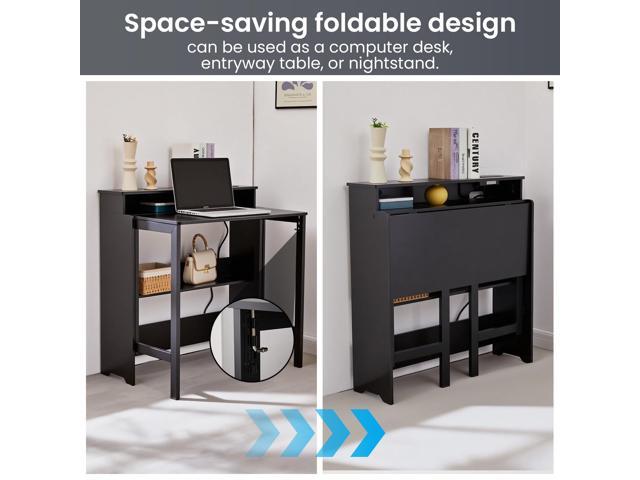 Fold Out Desk with Power Outlets, Small Foldable Table with Storage Shelf,Space-Saving Hidden Desk for Bedroom, Living Room & Office (Black)