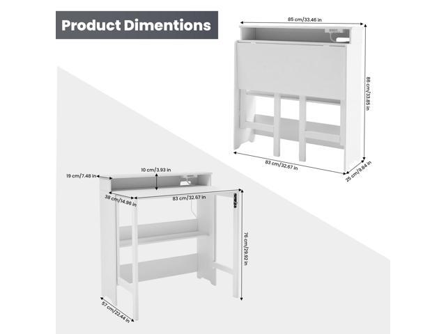 Fold Out Desk with Power Outlets, Small Foldable Table with Storage Shelf,Space-Saving Hidden Desk for Bedroom, Living Room & Office (White)