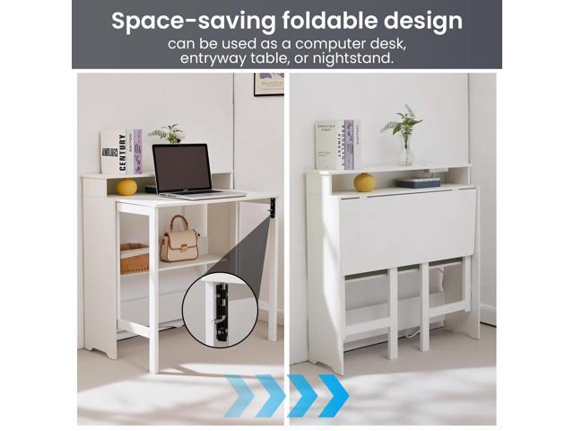 Fold Out Desk with Power Outlets, Small Foldable Table with Storage Shelf,Space-Saving Hidden Desk for Bedroom, Living Room & Office (White)