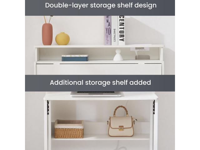 Fold Out Desk with Power Outlets, Small Foldable Table with Storage Shelf,Space-Saving Hidden Desk for Bedroom, Living Room & Office (White)