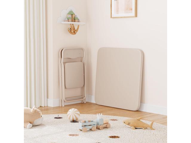 3-Piece Folding Upholstered Table and Chair Set with PU Soft Cushion, Square Card Table for Kids, Daycare and Classroom Use, Beige