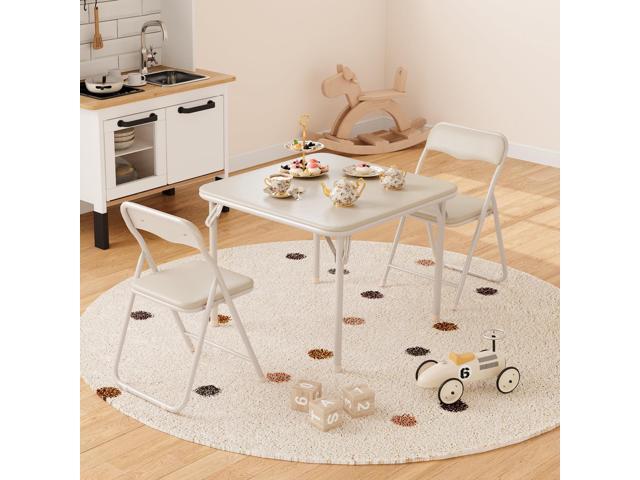 3-Piece Folding Upholstered Table and Chair Set with PU Soft Cushion, Square Card Table for Kids, Daycare and Classroom Use, Beige