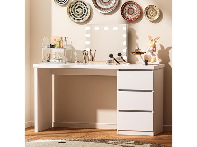 furtble White Desk with Drawers, 47'' W Home Office Desk Gaming Table, Modern Vanity Desk with Storage, Wood Computer Desk Writing Workstation for...