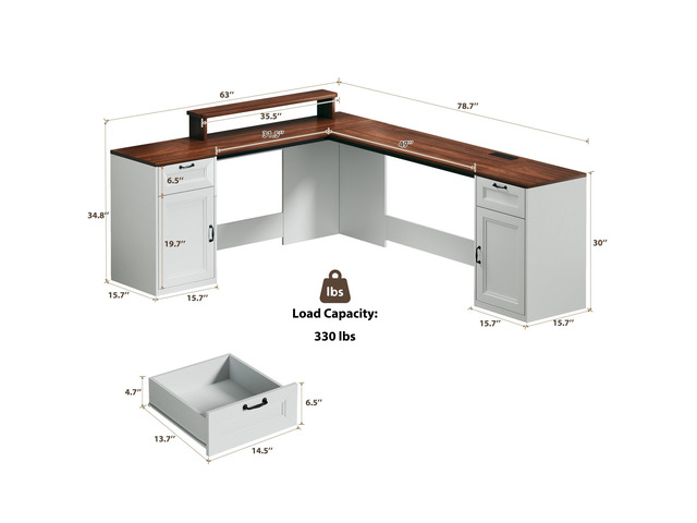 78' Farmhouse L Shaped Executive Desk with Drawers, Modern Computer Desk with Power Outlets, Office Writing Desk with Monitor Stand & Storage...