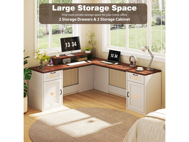 78' Farmhouse L Shaped Executive Desk with Drawers, Modern Computer Desk with Power Outlets, Office Writing Desk with Monitor Stand & Storage...
