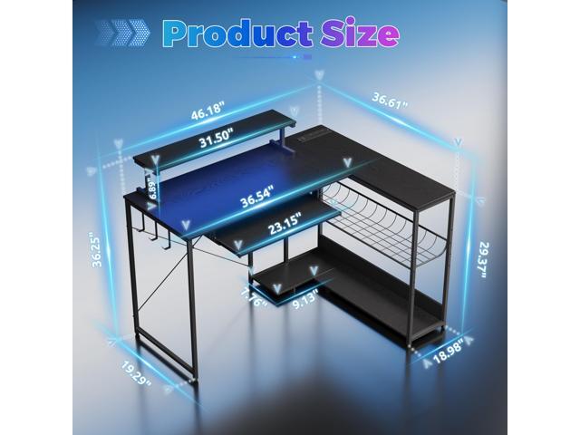 Computer Desk, L Shaped Gaming Desk with Monitor Stand & Storage Shelf & LED Light & USB Power Outlet, Reversible Shelves Corner Table with...