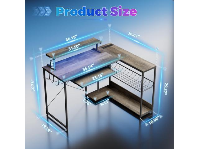 Computer Desk, L Shaped Gaming Desk with Monitor Stand & Storage Shelf & LED Light & USB Power Outlet, Reversible Shelves Corner Table with...