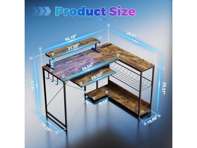 Computer Desk, L Shaped Gaming Desk with Monitor Stand & Storage Shelf & LED Light & USB Power Outlet, Reversible Shelves Corner Table with...