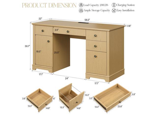 59' Modern Executive Desk with Drawers, Wood Home Office Computer Desk with Charging Station, 5 Drawers & 1 Cabinet, File Drawer, Fluted Computer...