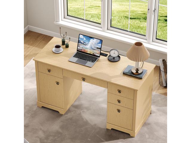 59' Modern Executive Desk with Drawers, Wood Home Office Computer Desk with Charging Station, 5 Drawers & 1 Cabinet, File Drawer, Fluted Computer...