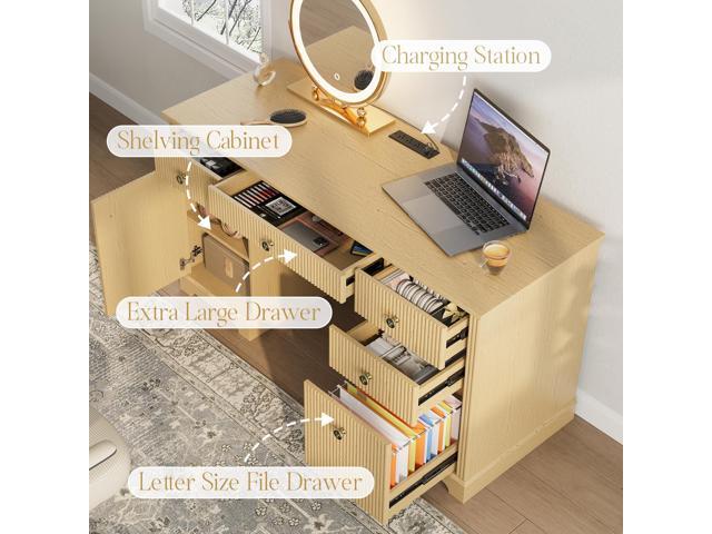59' Modern Executive Desk with Drawers, Wood Home Office Computer Desk with Charging Station, 5 Drawers & 1 Cabinet, File Drawer, Fluted Computer...