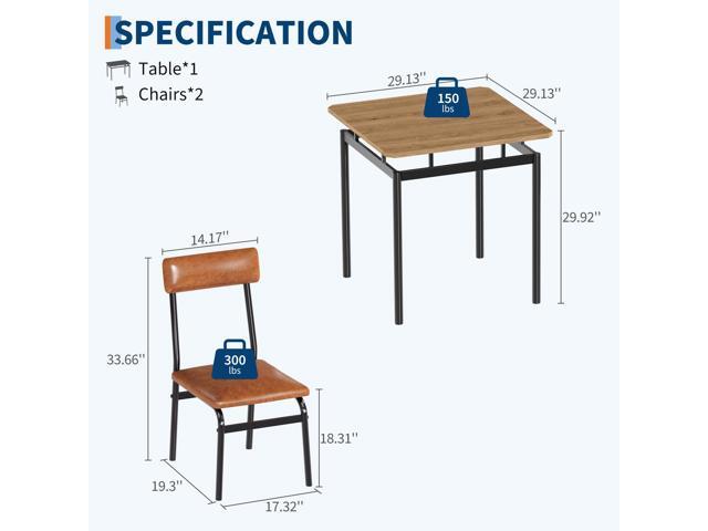 Dining Table Set for 2 Wooden Kitchen Table with 2 PU Upholstered Chairs, Industrial Metal Frame Kitchen & Dining Set for Home, Apartment, Studio,...