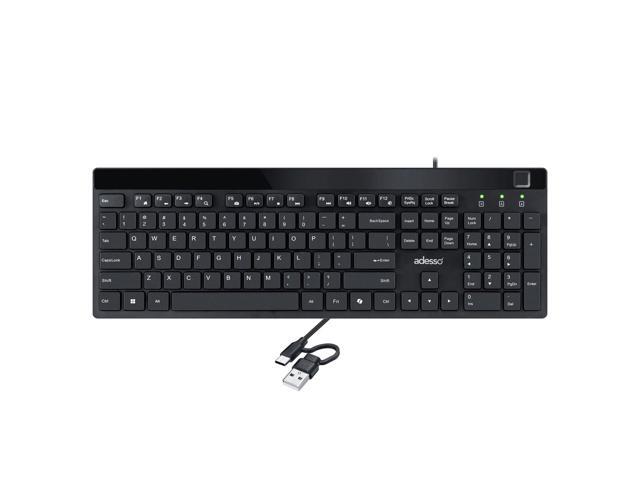 Adesso AKB-140FB Desktop Keyboard with Built-in Fingerprint Reader AES 256 Encryption Windows Hello Compatible Low Profile Membrane Switches Wired.
