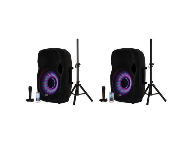 Acoustic Audio by Goldwood 15 Inch 1000 Watt Bluetooth LED Speaker System with RCA25 Pro Audio 25 Foot Stereo Cables, Red/White (2 Pack)