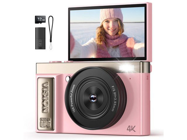 4K Digital Camera Pink for Girls Teens: 64MP Vlogging Camera with Flip Screen - 16X Zoom - Cute Compact Cam for Photography and YouTube Aesthetic...